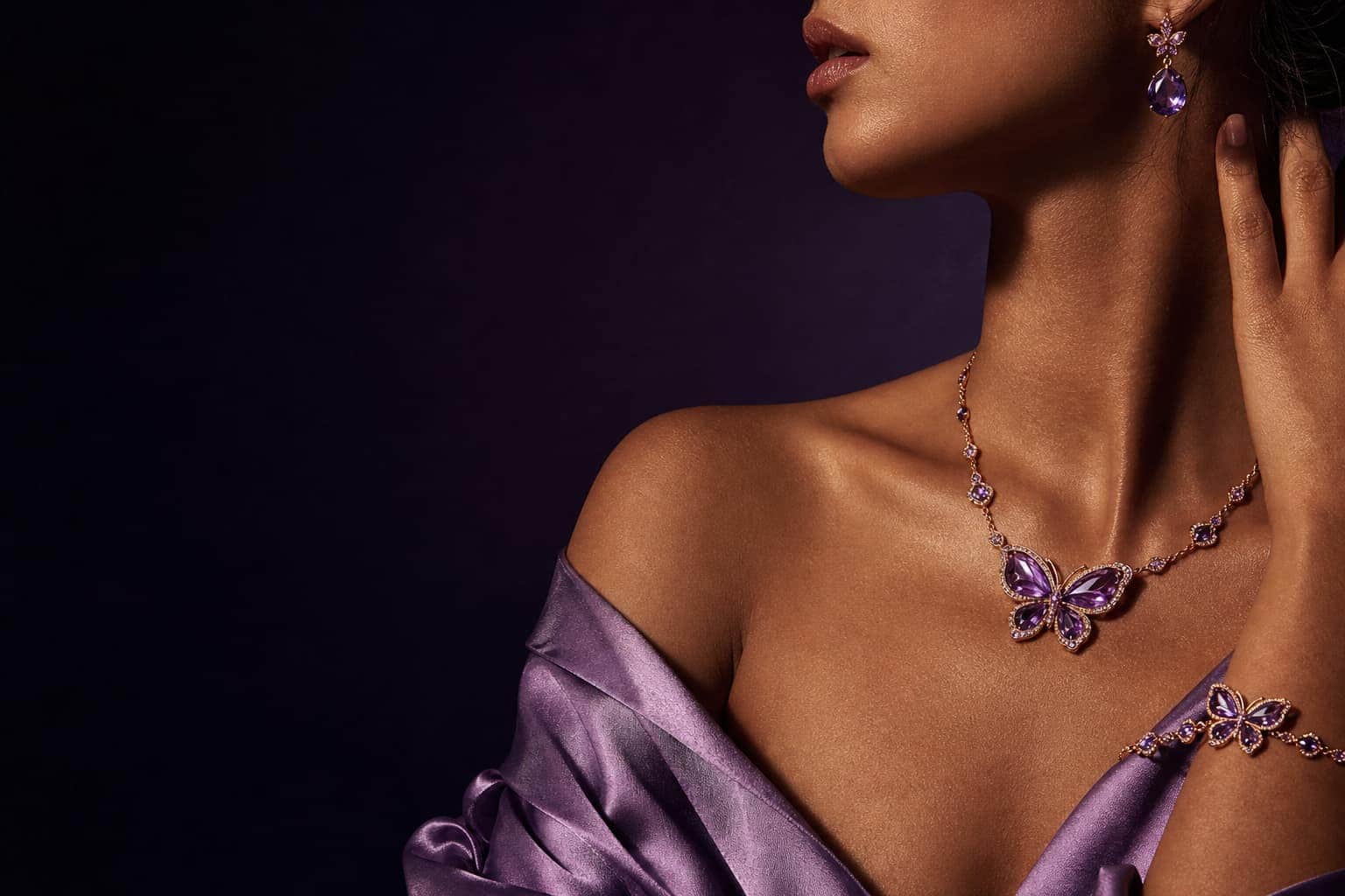 Model wearing handcrafted luxury jewelry from Butterflies Beading
