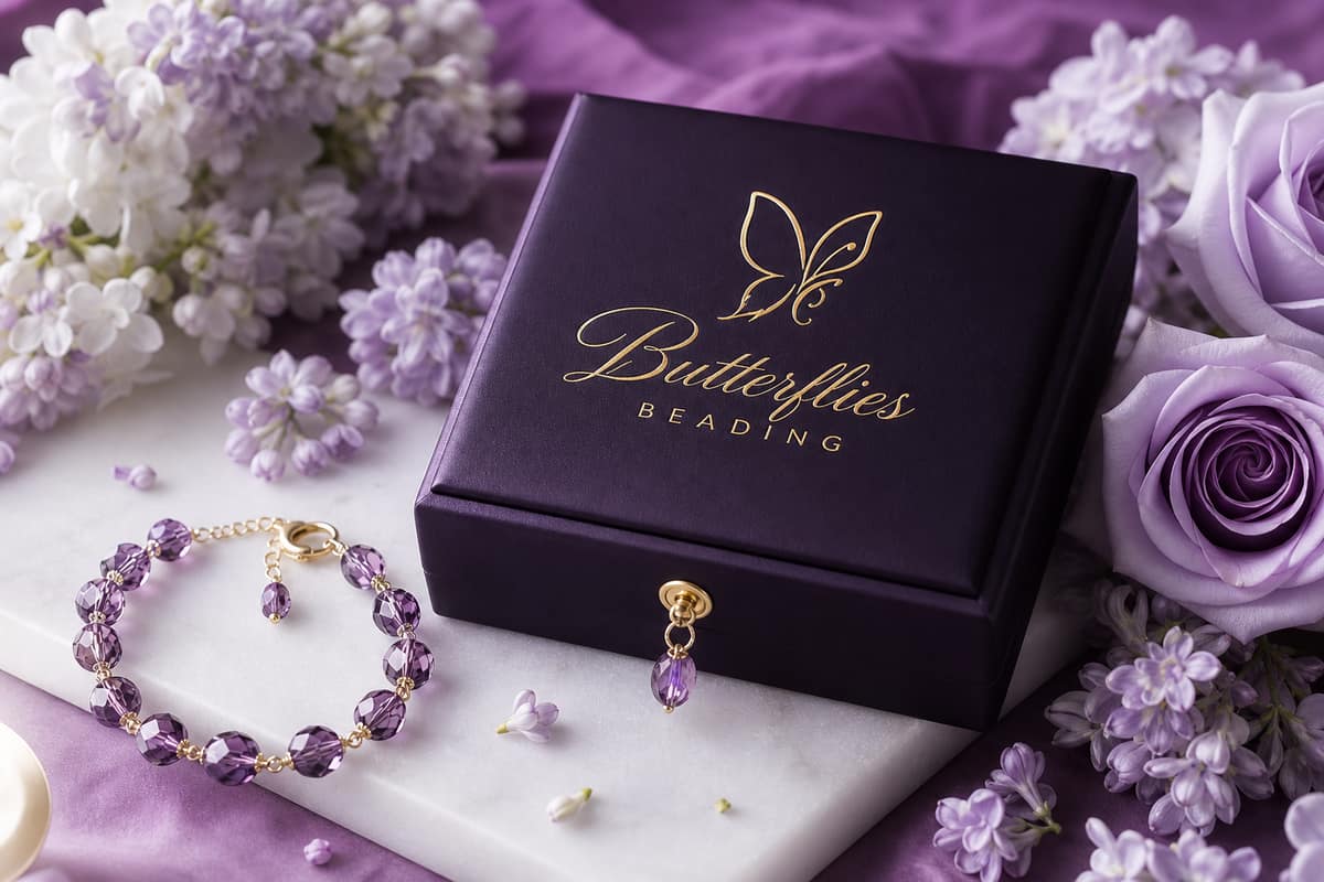 Butterflies Beading luxury jewelry packaging with bracelet and lavender flowers