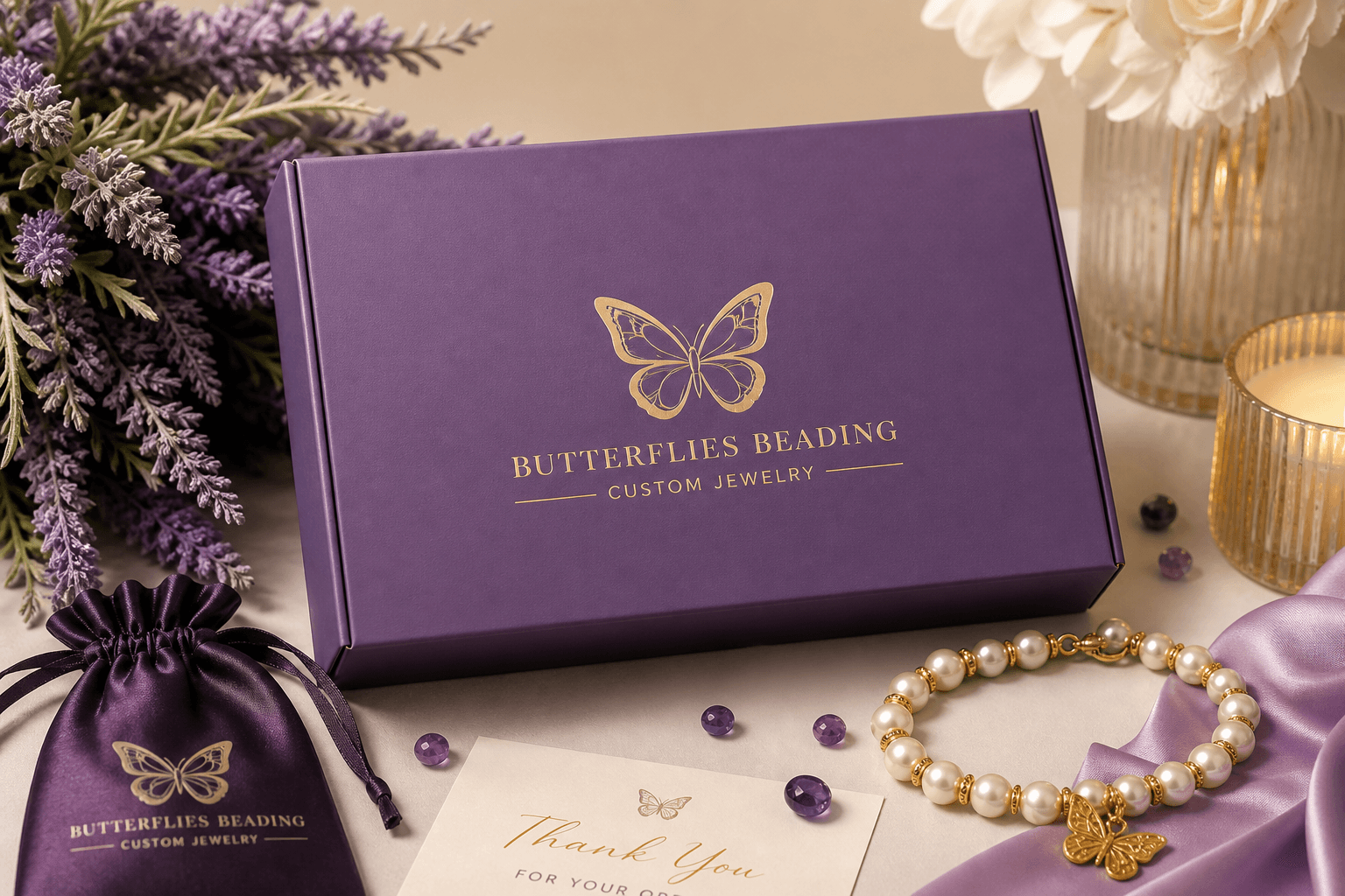 Luxury purple Butterflies Beading box with lavender flowers and bracelet