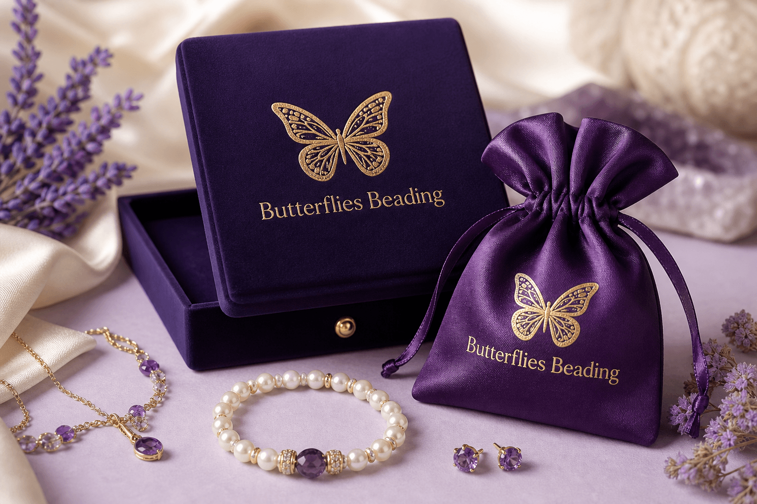 Luxury Butterflies Beading packaging with purple jewelry box, satin bag, lavender flowers, and pearl bracelet