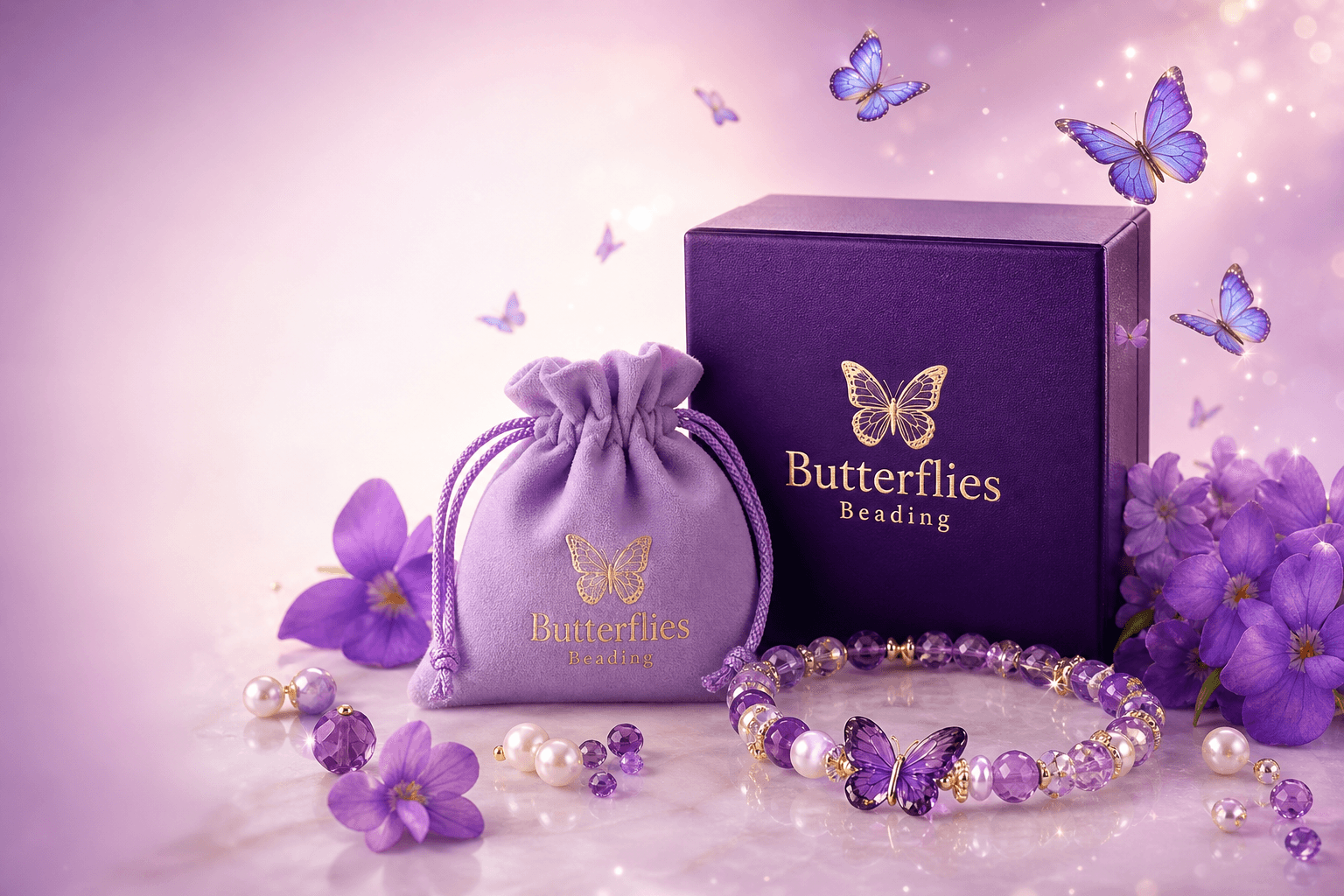 Butterflies Beading jewelry box, bracelet, flowers, pearls, and butterflies